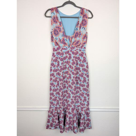 Saloni Midi Dress Adrienne Ciel Dragonfruit Ruffle Silk Floral Blue Size 4 - Picture 6 of 13
